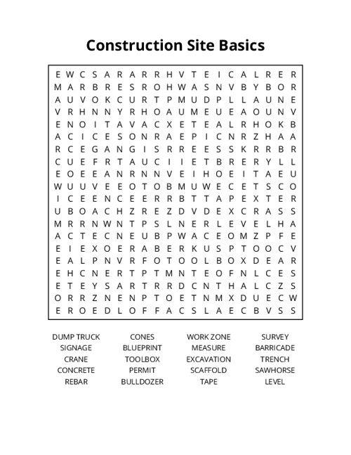 Construction Site Basics Word Search Puzzle