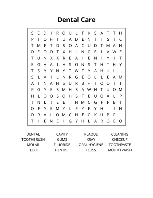 Dental Care Word Search Puzzle