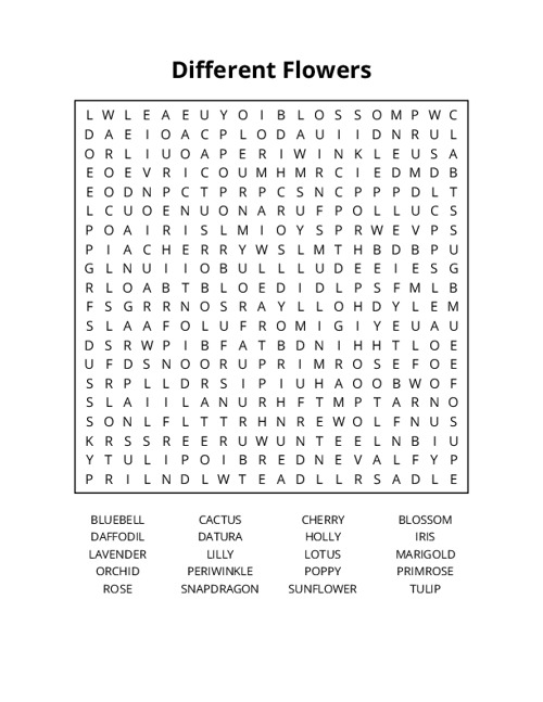 Different Flowers Word Search Puzzle