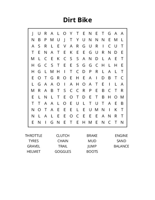 Dirt Bike Word Search Puzzle