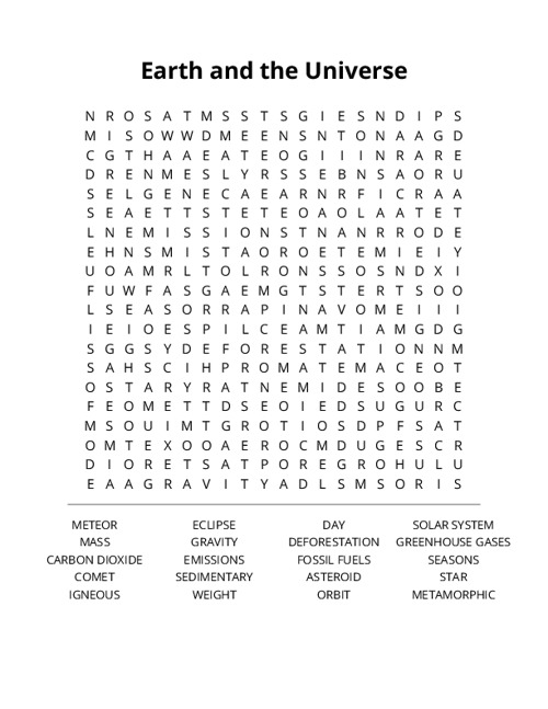 Earth and the Universe Word Search Puzzle