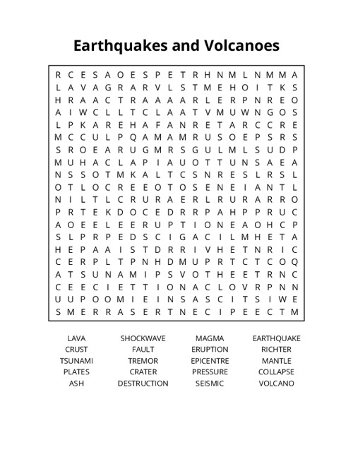 Earthquakes and Volcanoes Word Search Puzzle