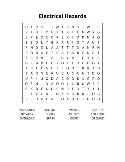 Electrical Hazards Word Search Puzzle