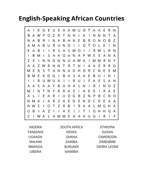 English-Speaking African Countries Word Search Puzzle