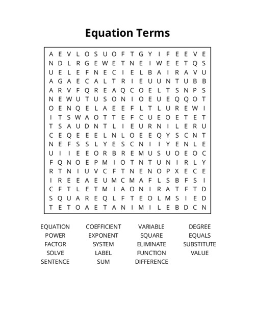 Equation Terms Word Search Puzzle