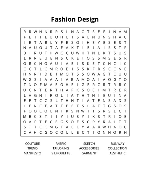 Fashion Design Word Search Puzzle