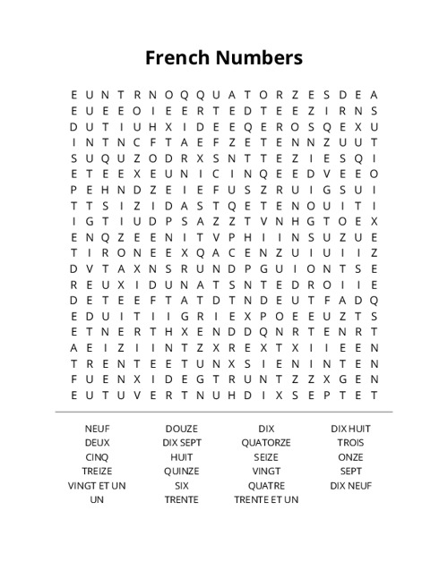 French Numbers Word Search Puzzle