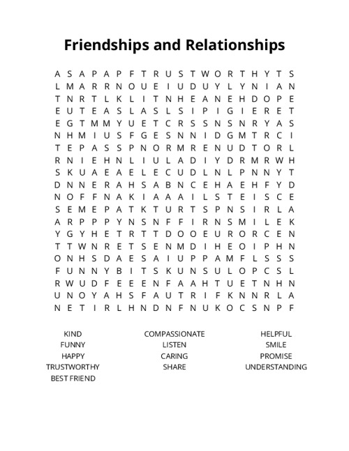 Friendships and Relationships Word Search Puzzle