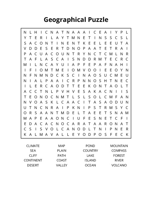 Geographical Puzzle Word Search Puzzle