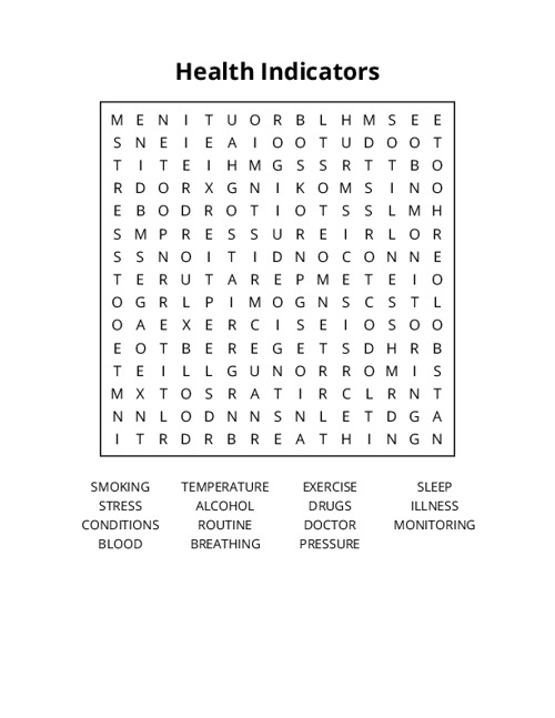 Health Indicators Word Search Puzzle