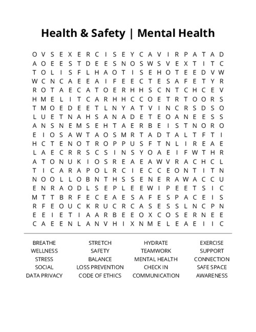 Health & Safety | Mental Health Word Search Puzzle