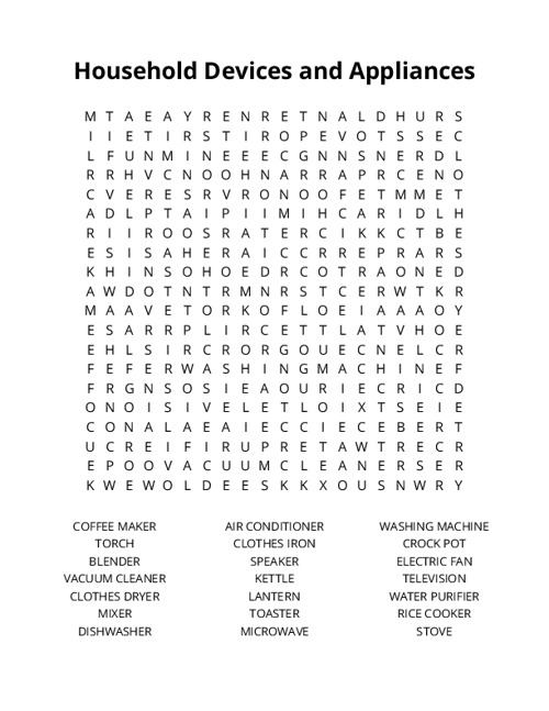 Household Devices and Appliances Word Search Puzzle