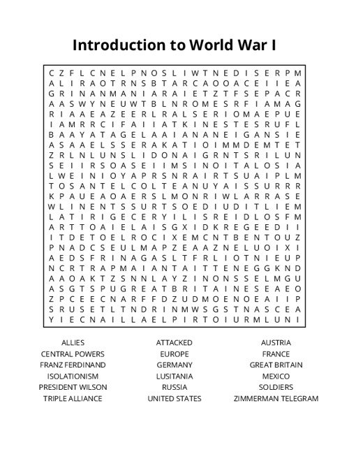 Introduction to World War I Word Search Puzzle