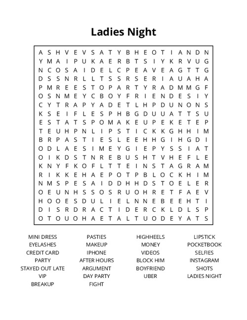 Ladies Night Word Search Puzzle