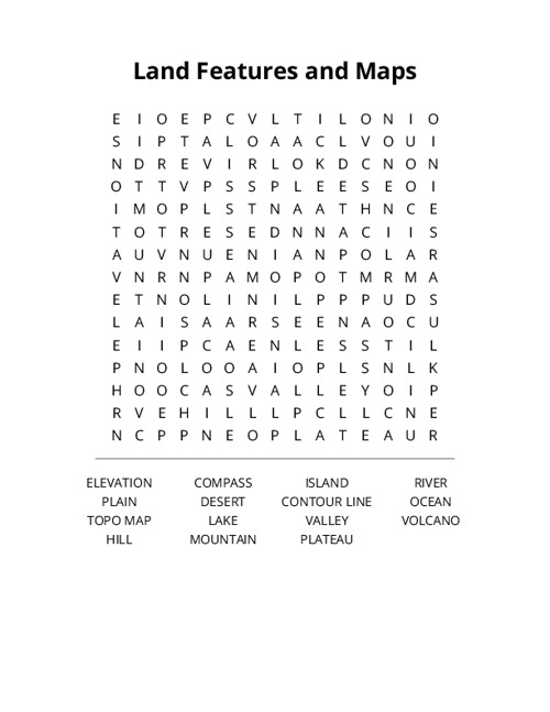 Land Features and Maps Word Search Puzzle
