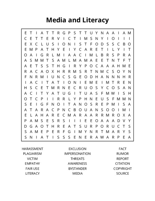 Media and Literacy Word Search Puzzle