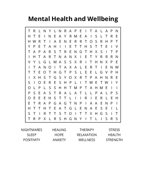 Mental Health and Wellbeing Word Search Puzzle