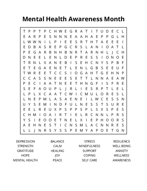 Mental Health Awareness Month Word Search Puzzle