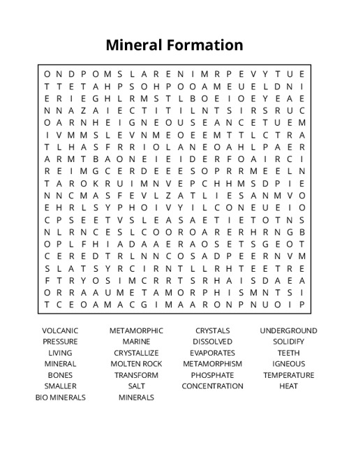 Mineral Formation Word Search Puzzle
