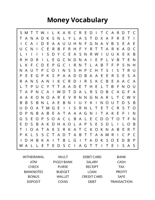 Money Vocabulary Word Search Puzzle