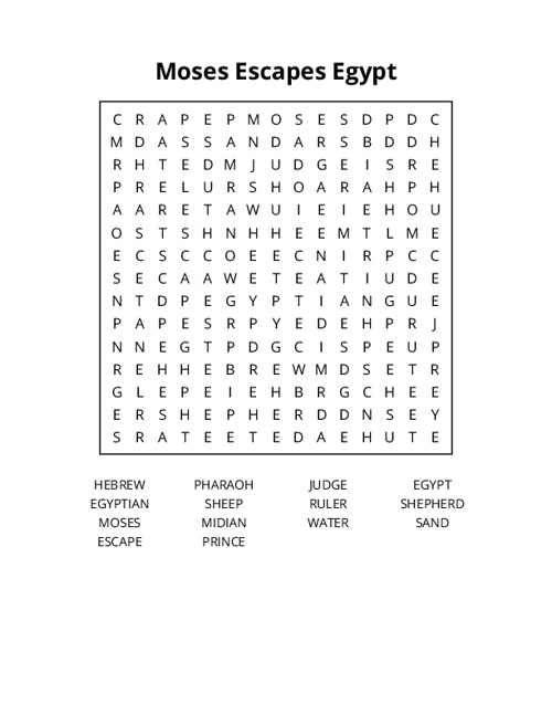 Moses Escapes Egypt Word Search Puzzle