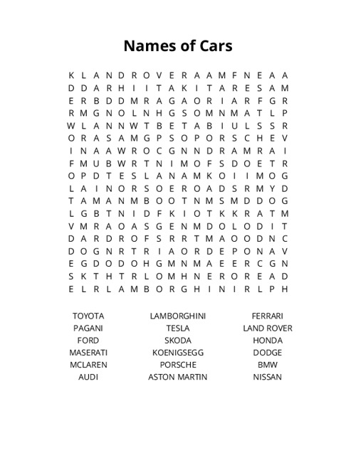 Names of Cars Word Search Puzzle