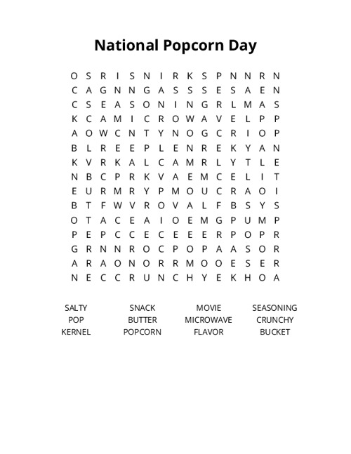National Popcorn Day Word Search Puzzle