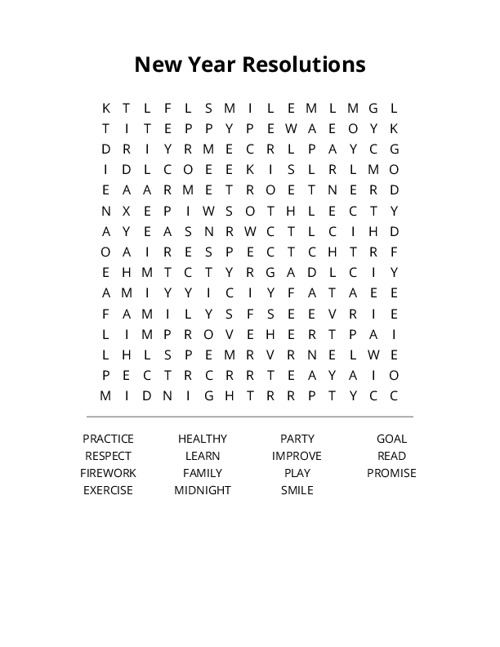 New Year Resolutions Word Search Puzzle