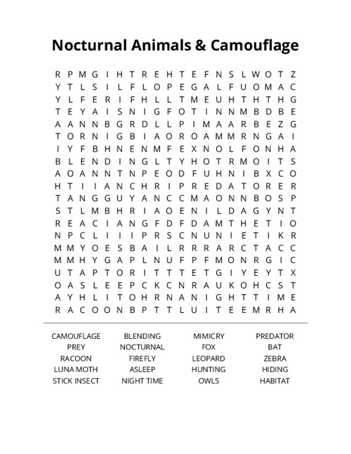 Nocturnal Animals & Camouflage Word Search Puzzle
