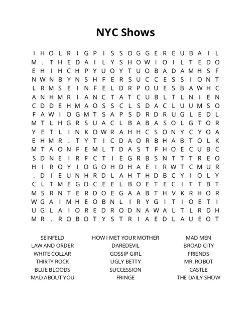 NYC Shows Word Search Puzzle