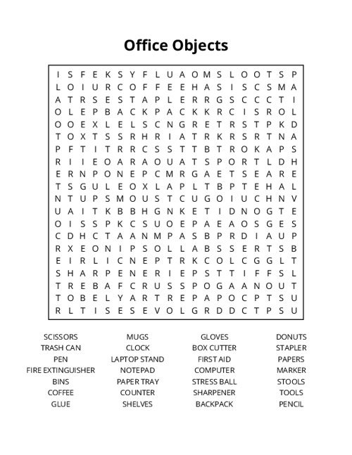 Office Objects Word Search Puzzle