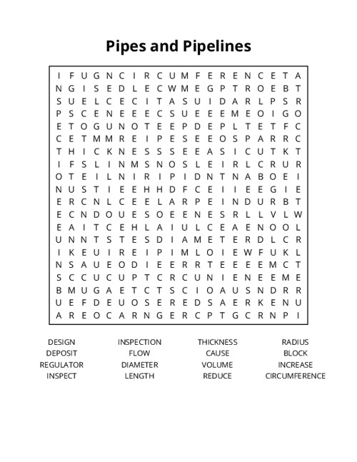 Pipes and Pipelines Word Search Puzzle