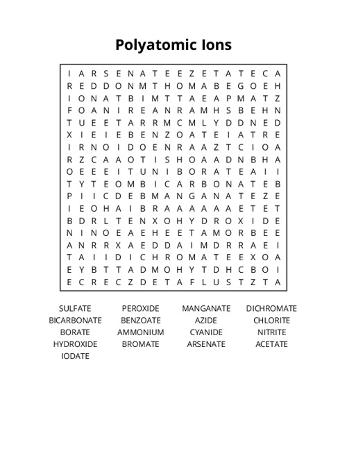 Polyatomic Ions Word Search Puzzle