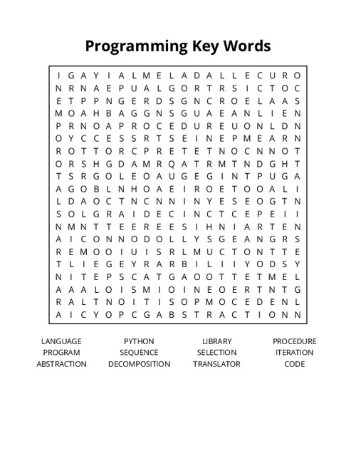 Programming Key Words Word Search Puzzle