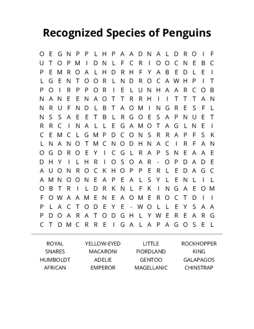 Recognized Species of Penguins Word Search Puzzle