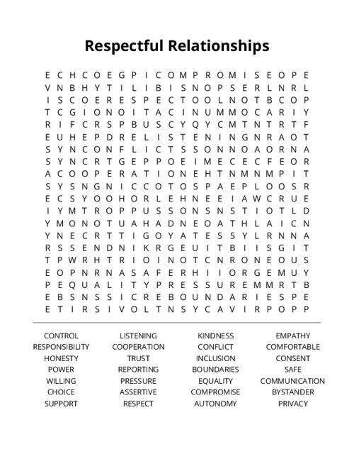 Respectful Relationships Word Search Puzzle