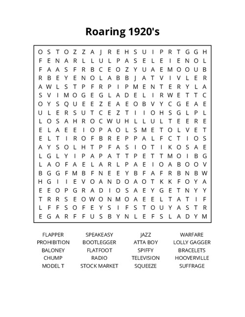 Roaring 1920's Word Search Puzzle