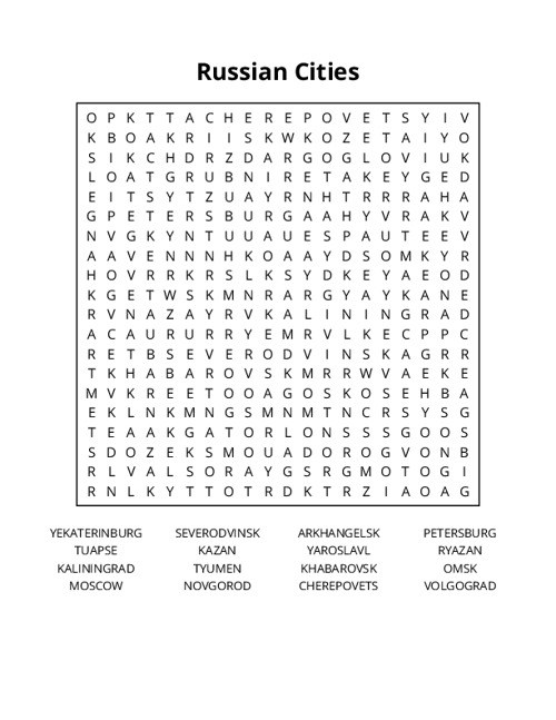 Russian Cities Word Search Puzzle