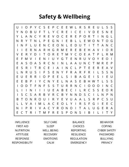 Safety & Wellbeing Word Search Puzzle
