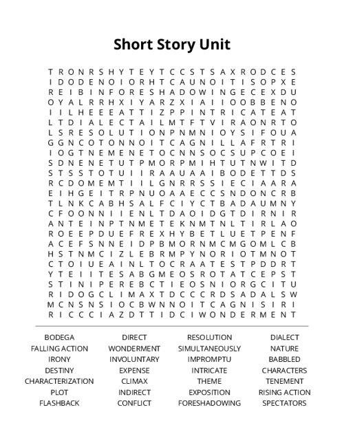 Short Story Unit Word Search Puzzle