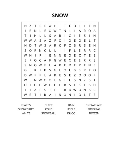 SNOW Word Search Puzzle