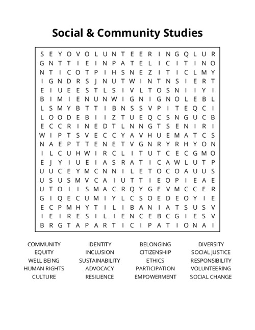 Social & Community Studies Word Search Puzzle