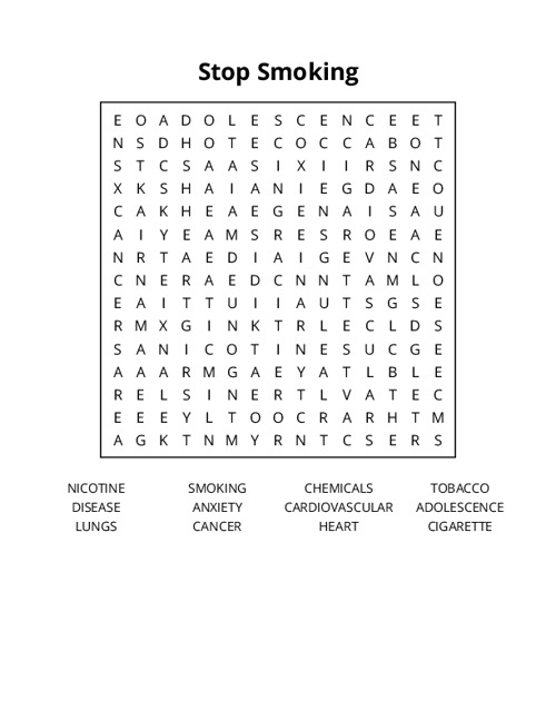 Stop Smoking Word Search Puzzle