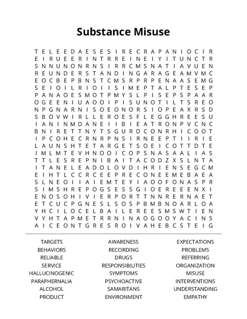 Substance Misuse Word Search Puzzle