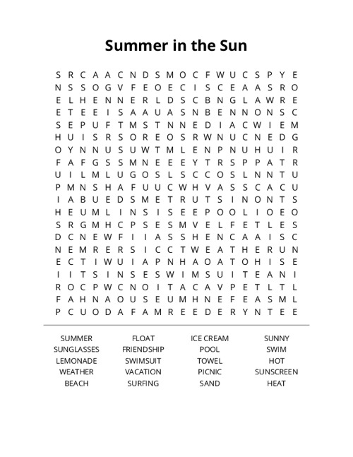 Summer in the Sun Word Search Puzzle