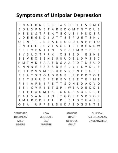 Symptoms of Unipolar Depression Word Search Puzzle