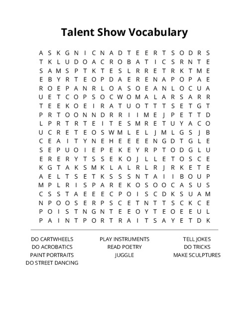 Talent Show Vocabulary Word Search Puzzle