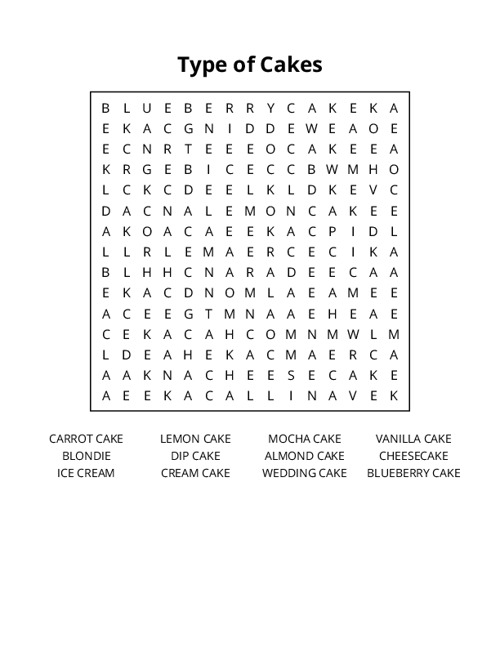 Type of Cakes Word Search Puzzle