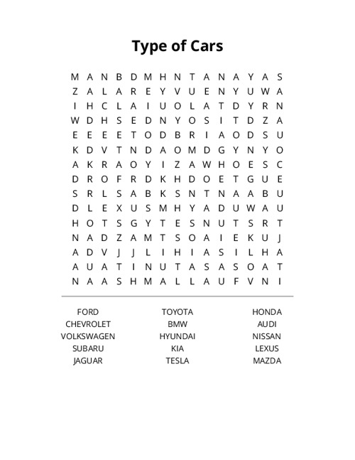 Type of Cars Word Search Puzzle