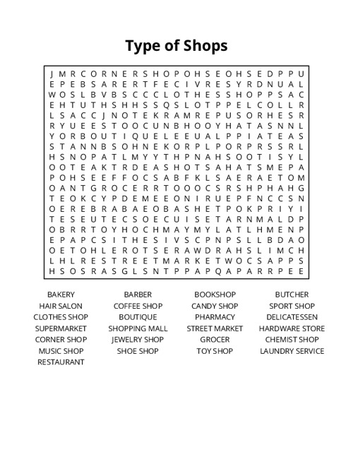 Type of Shops Word Search Puzzle